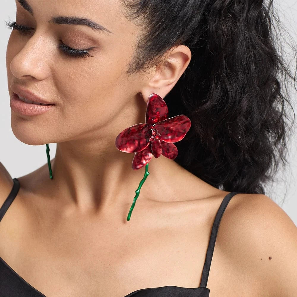 New Arrival Exaggerated Large Red Flower Drop Earrings High-Quality Trendy Long Earrings For Women Statement Jewelry Accessories