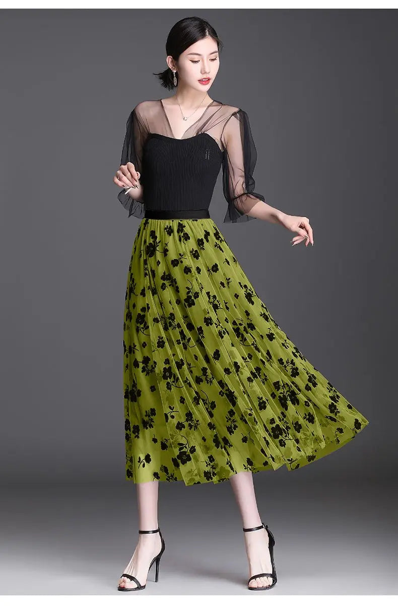 Flocking Floral Pirnted Long Mesh Skirt for Women, High Waist, Max Pleated Tutu, Tulle Skirt, Gauze Skirt, Female, 2025
