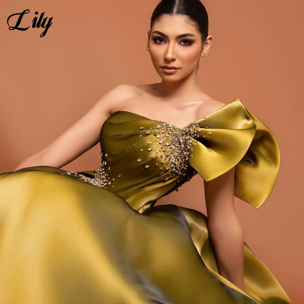 Lily Chic Golden Robe De Soirée One Shoulder Satin A-Line Gowns with Pleats Satin and Side Ruffle Accent Prom Gowns Customized