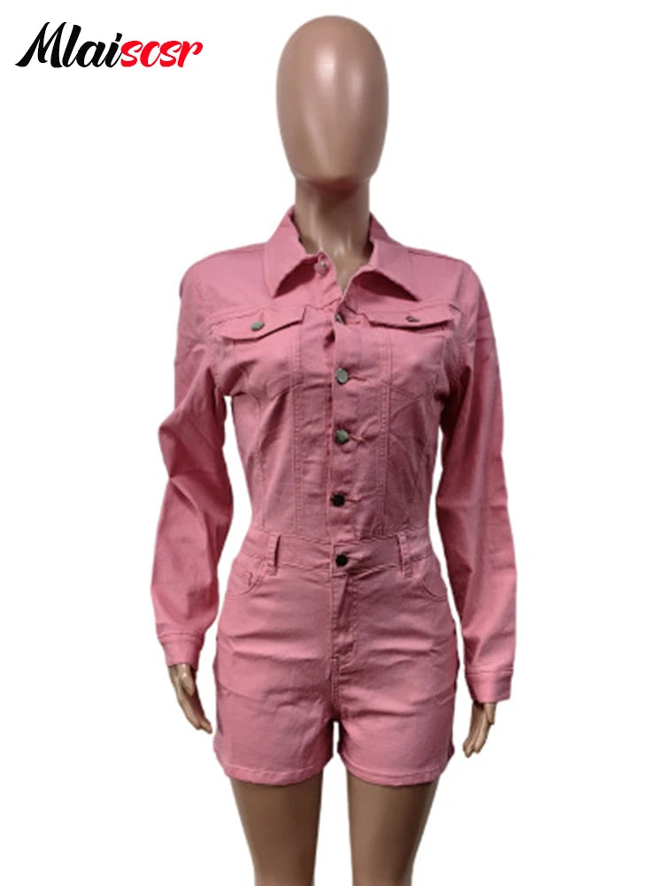 Mlaiscsr Vintage High Street Elastic Wash Women Playsuit Lapel Single-Breasted Full Sleeve One Pieces Shorts Rompers Nightclub