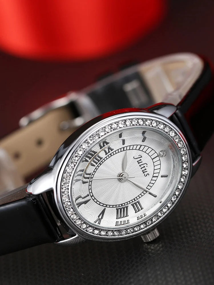 Small Oval Rhinestones Julius Lady Women's Watch Japan Quartz Elegant Fashion Hours Bracelet Leather Girl's Gift Box