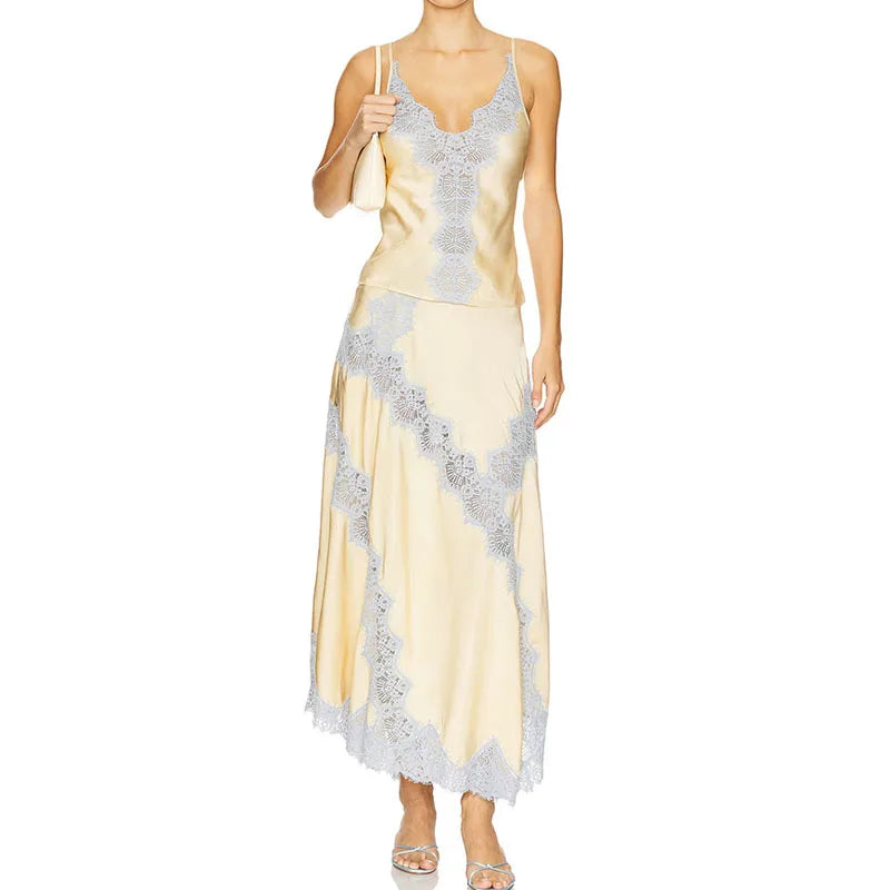 Lace Patchwork Slim Fit Two Piece Set Sexy Lady V Neck Sling Top and Long Skirt Suit Fashion Hollow Out Sleeveless Summer Outfit