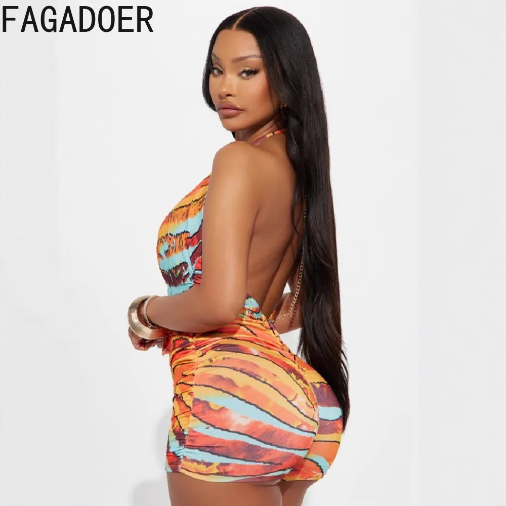 FAGADOER Sexy Printing Bodycon Bikini Rompers Women Halter Hollow Out Sleeveless Backless Jumpsuits Female Clubwear Overalls New