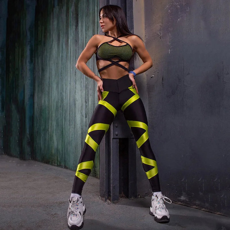 Women's Sexy Split-Joint Mesh Lace-Up Bra & High Waist Leggings Sport Suit 2025 New Summer Two Pieces Set For Cool Girl