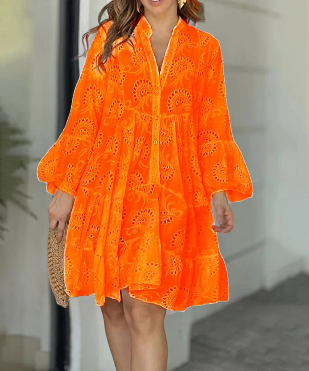 Summer Women Hollow Out Dresses Elegant Vintage Solid Lace V-neck Loose Embroidery Long Sleeve Mini Dresses