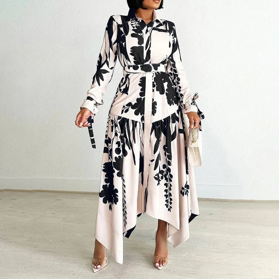 Elegant Printed Dresses Woman 2024 Turn Down Collar Single Breasted Full Sleeve Asymmetric Ankle Length Fashion Birthday Dress