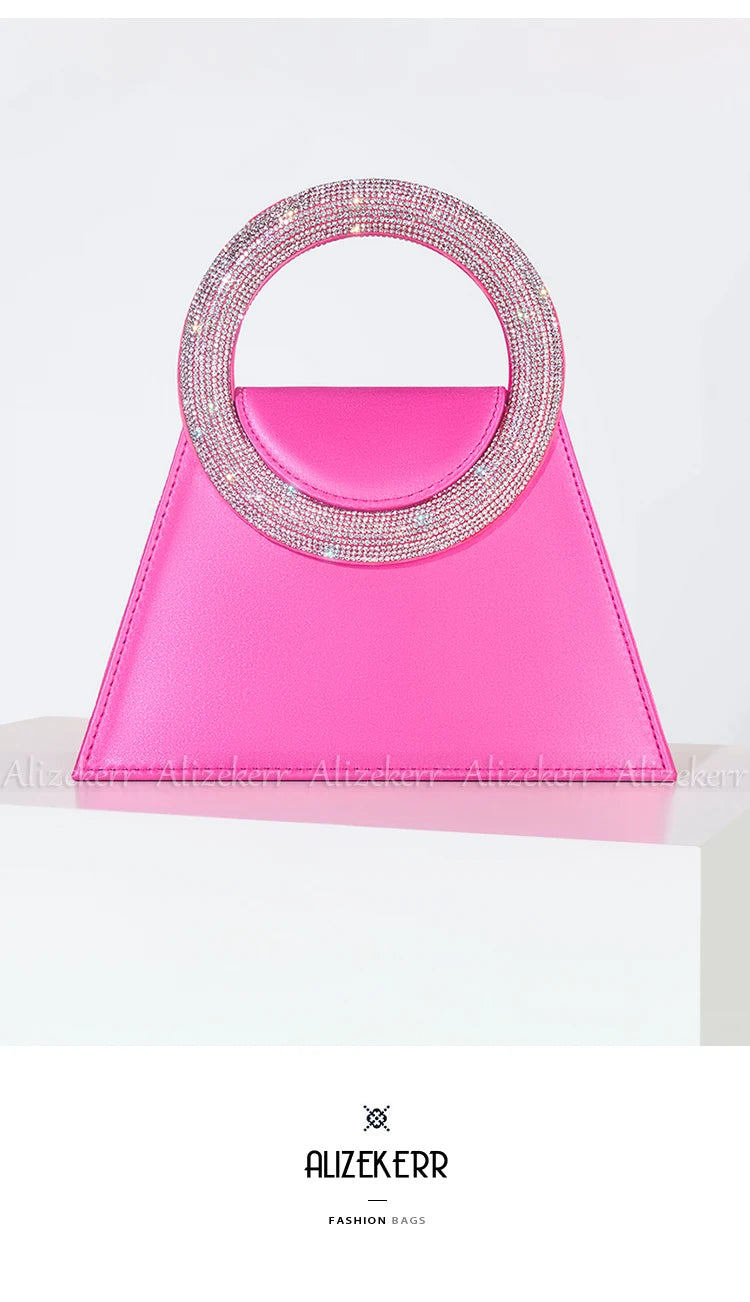 Bling Rhinestone Satin Handbags Women 2023 Elegant Boutique Round Crystal Handle Trapezoid Evening Clutch Purses Wedding Party