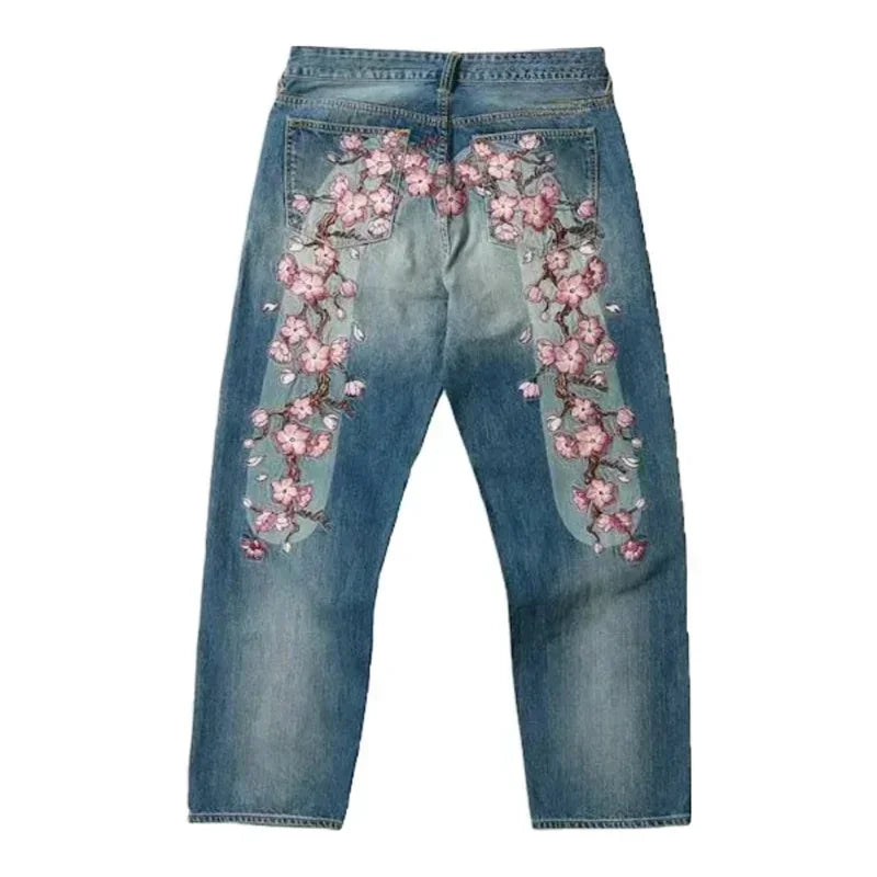 Vintage American Sakura Embroidery Graphic Jeans Women Y2K Harajuku Hip Hop Casual Baggy Pants Wide Trousers Gothic Streetwear