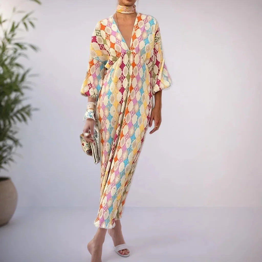 Elegant Printed Long Dress Women's Sleeveless V-neck Lantern Sleeve Midi Dress Cross-Border Fashion Casual Elegant Style