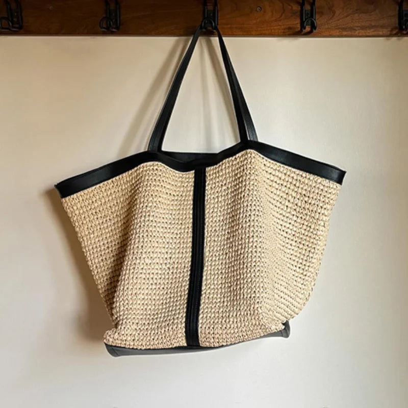 New Brand Woven Women's Tote Bag Large Capacity Splice Versatile Woven Beach Bag Fashion Single Shoulder Straw Bag Underarm Bag