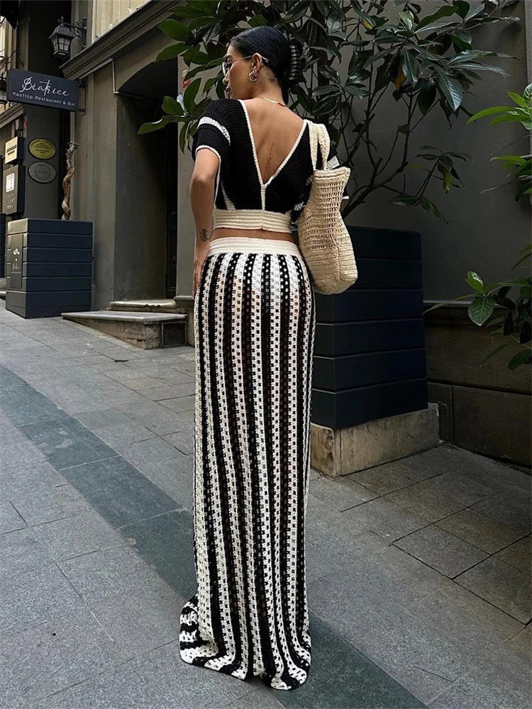 Wmstar Women Two Piece Set Sexy Elegant Knitted Crochet Beach Stripe Crop Tops Long Skirts Matching Set Holiday Birthday Outfits