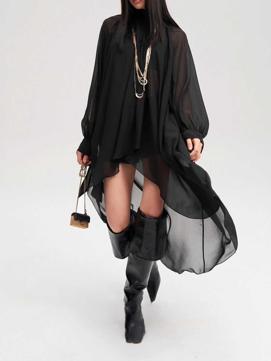 TWOTWINSTYLE Solid Loose Sheer Spliced Folds Fashion Blouses for Women High Neck Long Sleeves Irregular Blouse Female Clothing