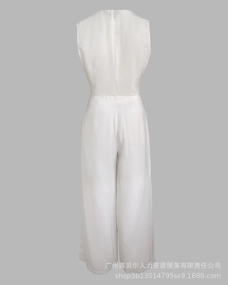 Women New 2 Pieces Outfits Metal Button Decor V Neck Sleeveless Tank Top and Casual Plain Loose Fit Pants Set