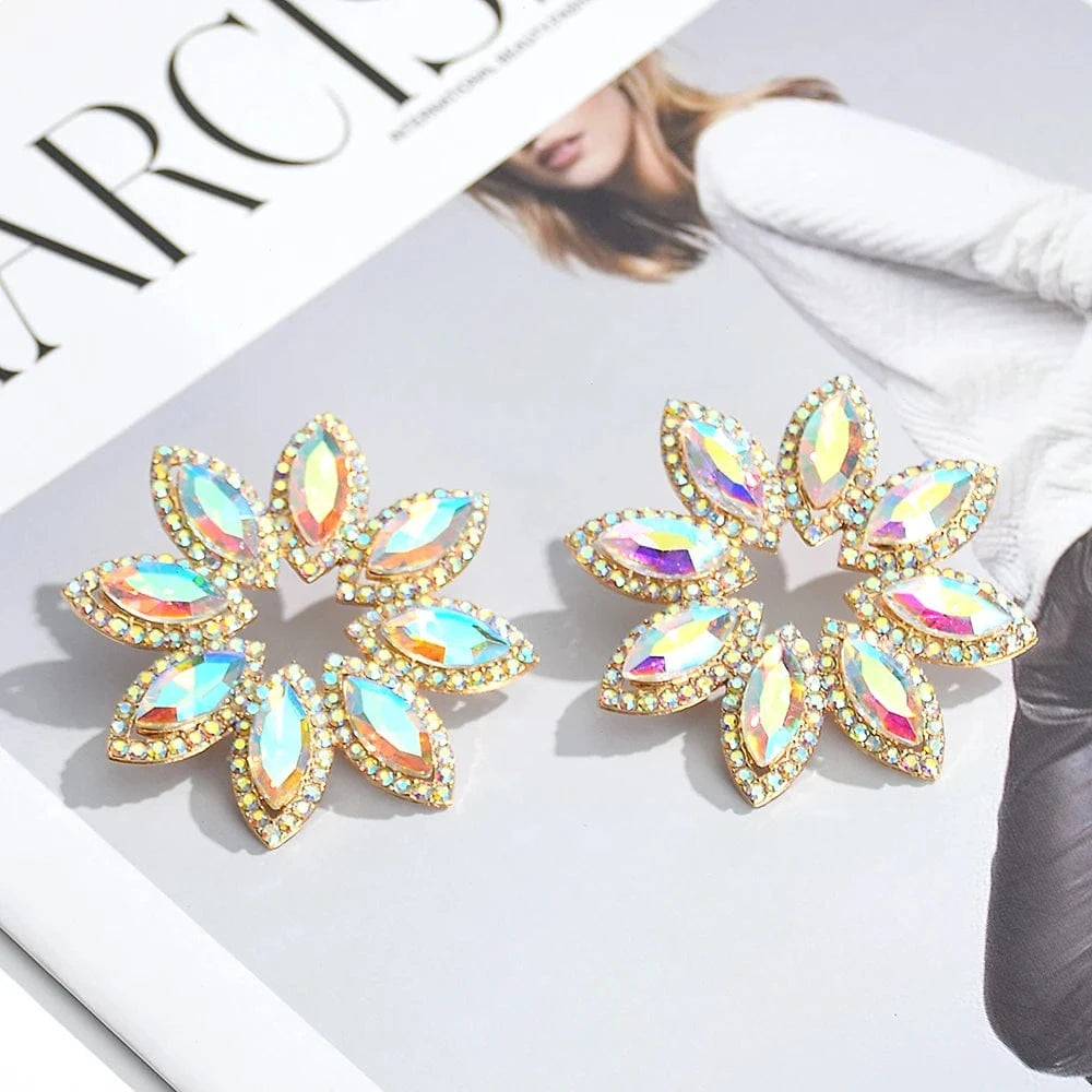 New Style Classical Flower Colorful Glass Stone Drop Earrings For Women Girls Crystal Accessories Statement Jewelry Wholesale