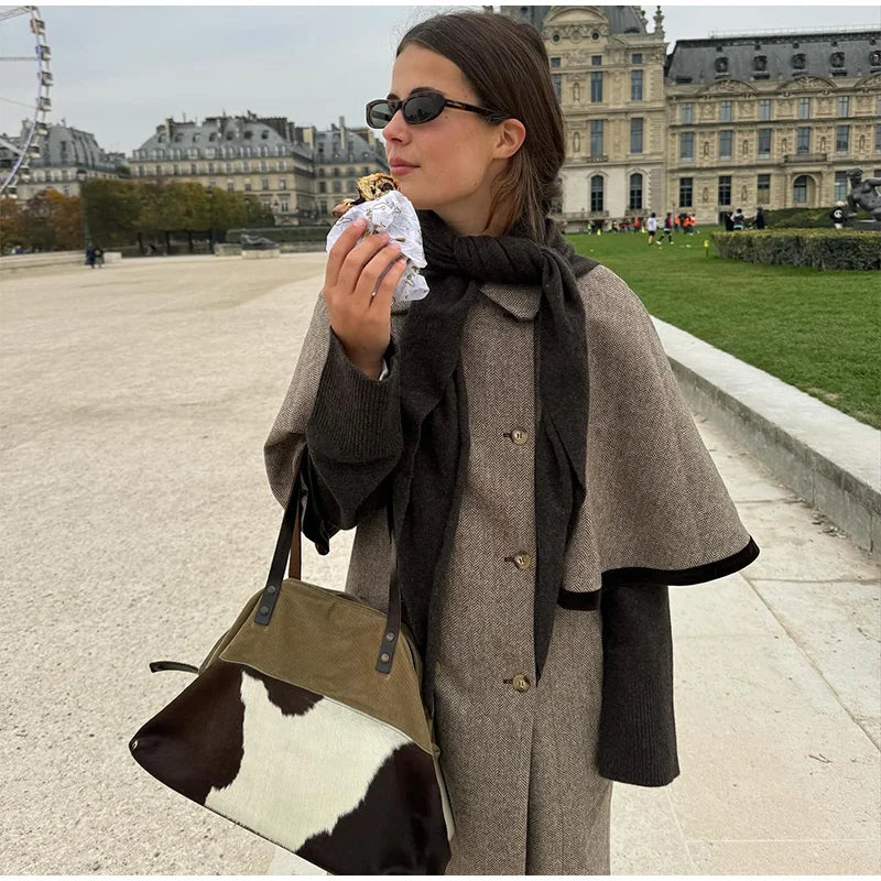Double Breasted Women's Woolen Cape Overcoat Elegant Short Sleeve Oversize Female Coat 2025 Autumn Winter New Lady Stretwears