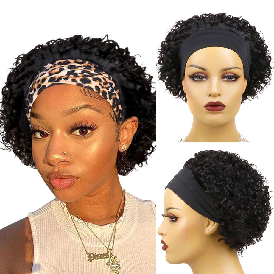 Short Curly Kinky Headband Human Hair Bob Wig for Women