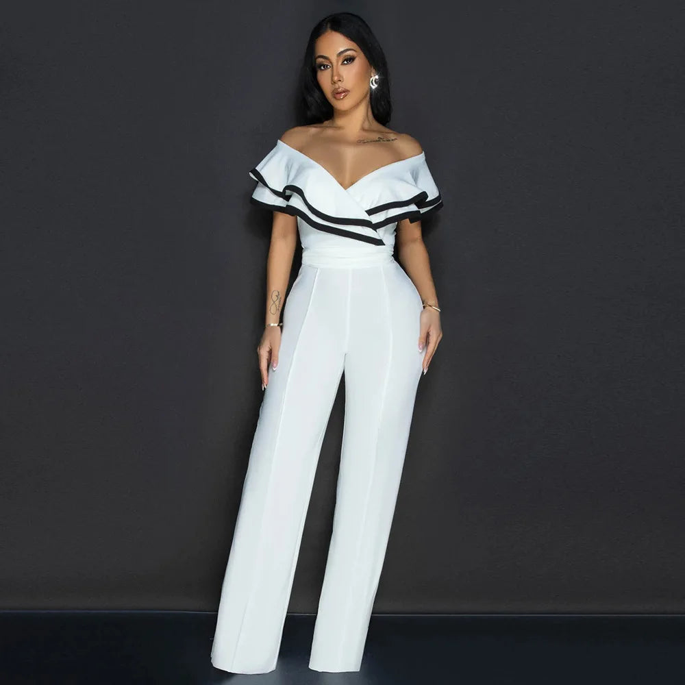 CM.YAYA Women V-neck Off Shoulder Ruffles Wide Leg Jumpsuits 2024 Summer Fashion Sexy Party Playsuit One Piece Suit Rompers