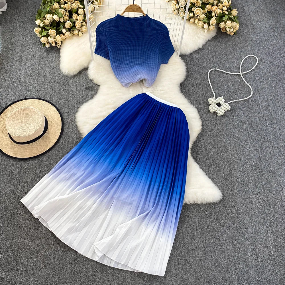 Summer Contrast Color Miyake 2 Pieces Set Women's Short Sleeve High Stretch Pullover Shirt Top+Long Pleated Chiffon Skirt Suit