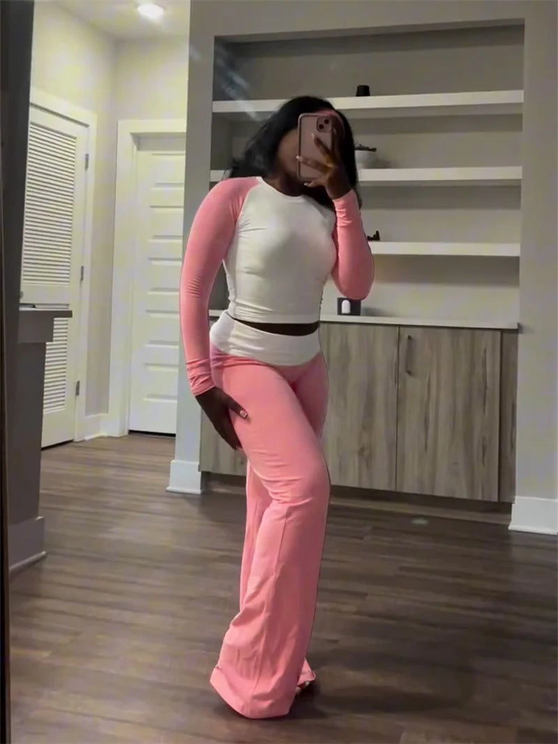 Sporty Casual Tracksuit Sets Womens Clothing 2 Pieces Set Active Wear Long Sleeve Top and Flare Pants Joggers Workout Sweatsuits