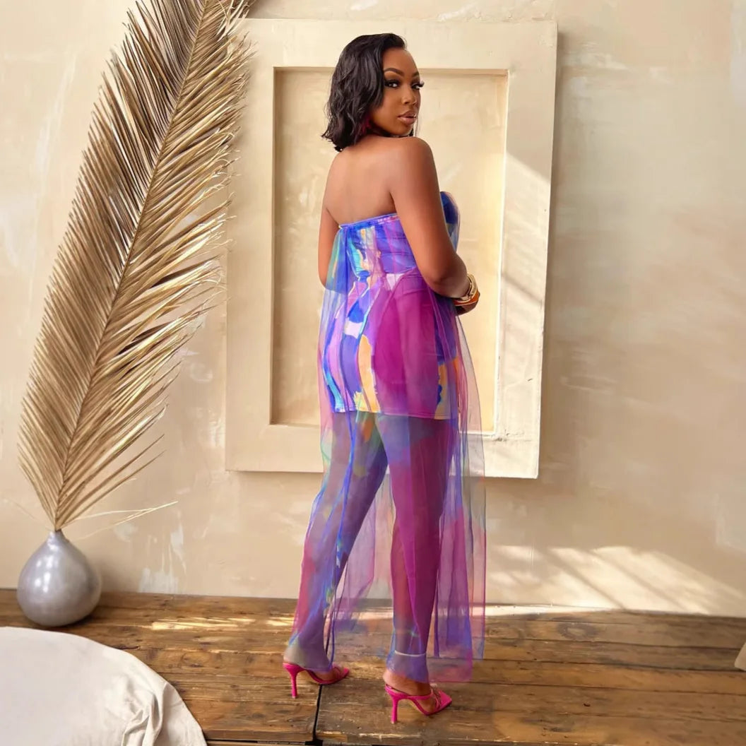 CM.YAYA Women Sleeveless Tie Dye Print Strapless Mesh Bodycon Midi Long Maxi Dress 2025 Birthday Club Party Vestido Sexy Dresses