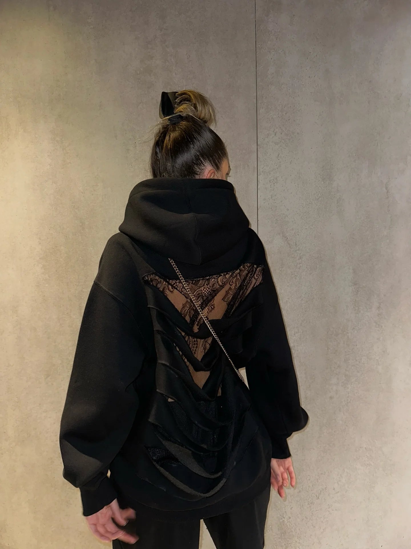 American Y2K Harajuku Gothic Lace Back Hollow Hoodie Womens Black Loose Pullover Hoodie Fashion Translucent Jacket