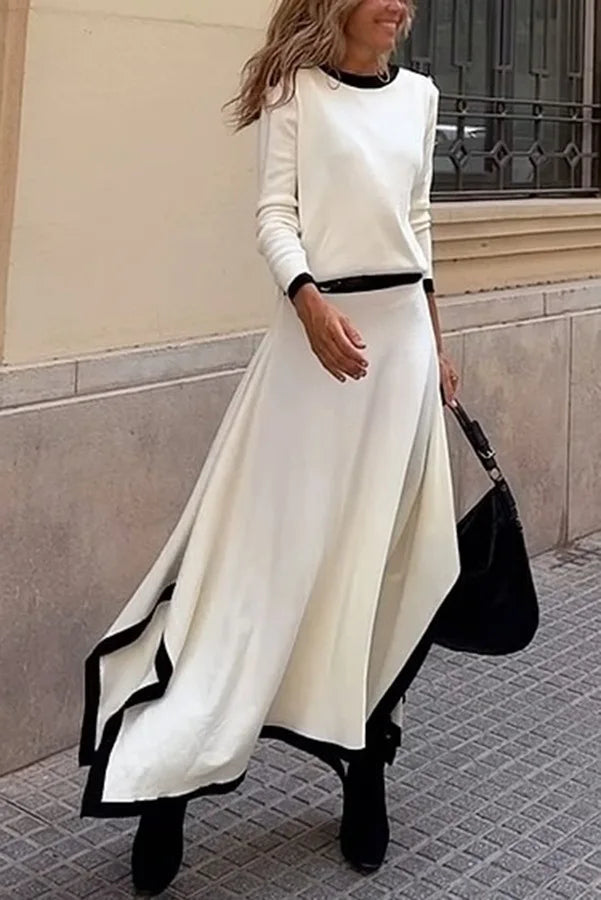 Women Casual Long Sleeve 2Pc Set Fashion Color Blocked Loose 2Pc Outfits Elegant O-neck Pullover Top & lrregular Long Skirt Suit