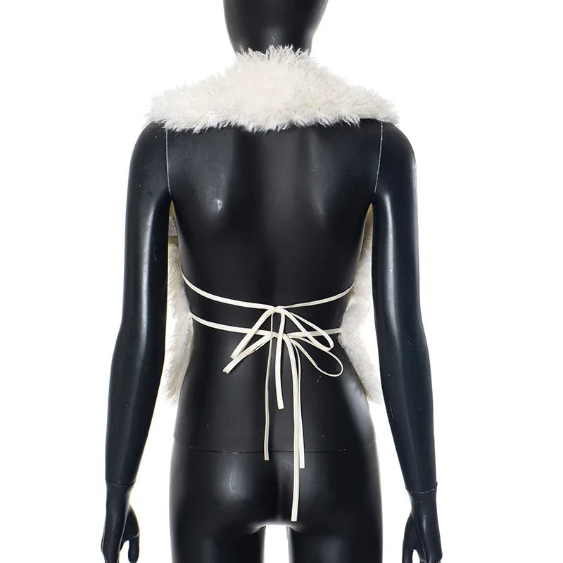 FAGADOER Sexy Fur Patchwork Woman 2 Piece Set Outfit Deep V Backless Lace Up Crop Top + Leopard Print Pants Female Streetwear