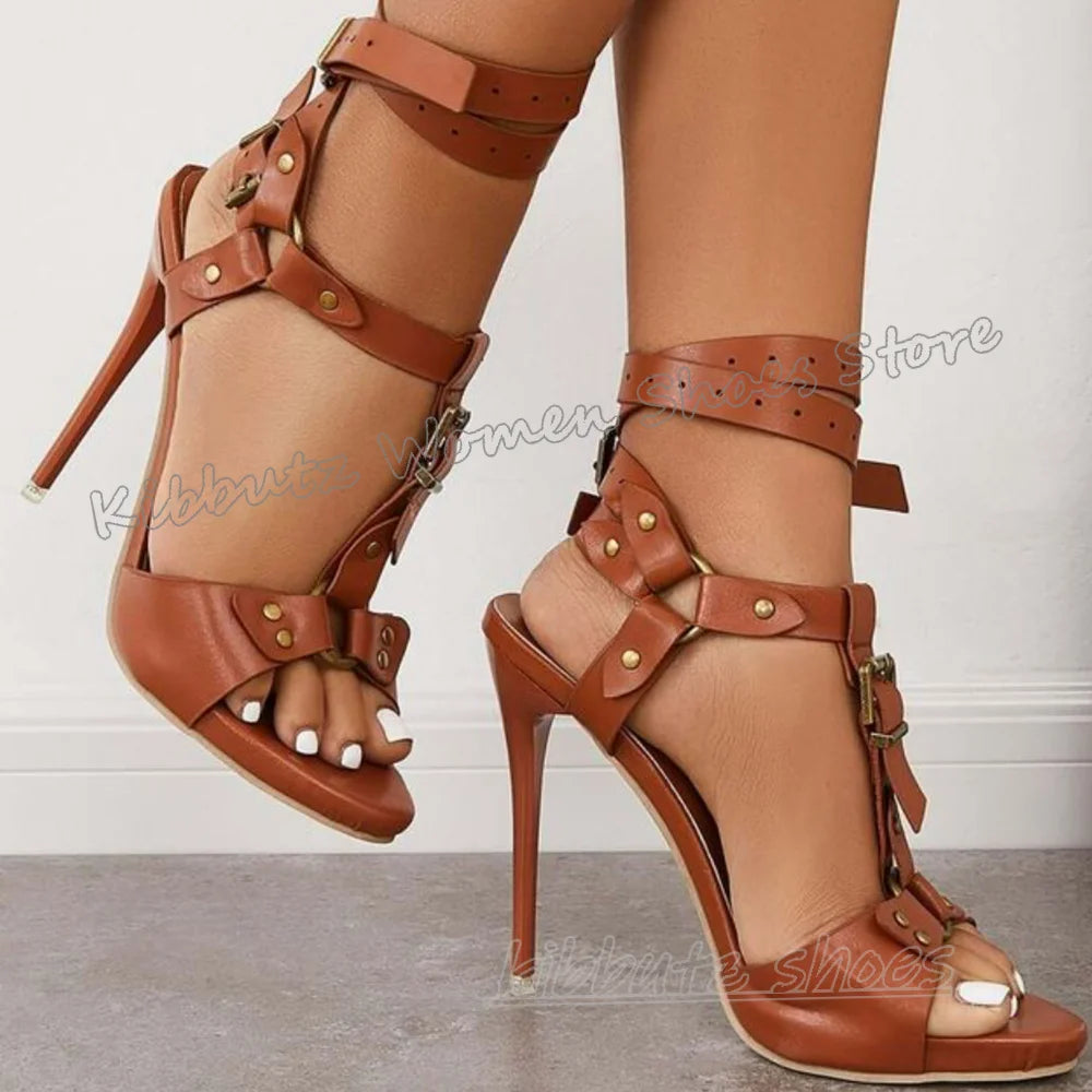 Rivets Belt Buckle Sandals Leather Solid Color Fashion Luxury Concise Sexy Women Shoes Round Toe Thin Heels Outdoor Summer New