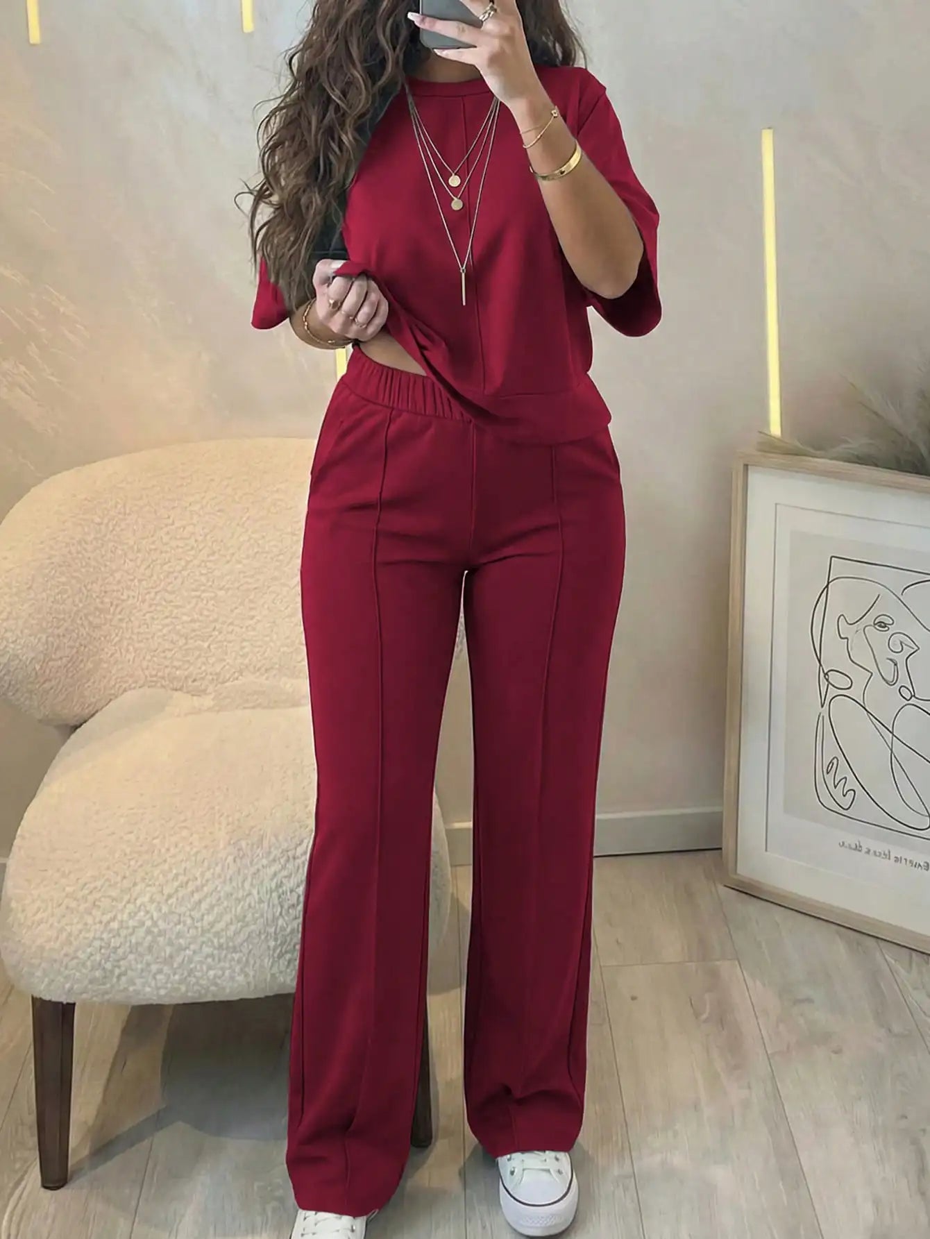 New Spring and Summer Ladies' Set: Comfortable Solid-Color Short-Sleeve Top with Elastic Waist Pocketed Long Pants Two-Piece Set, Soft Stretch Polyester-Acrylic Fabric