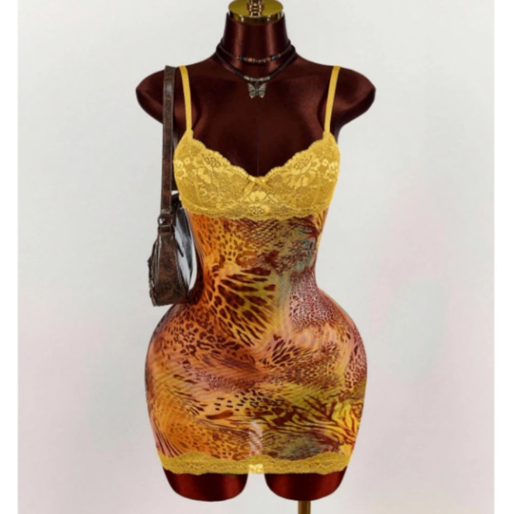 Leopard Print Lace Spaghetti Strap Bodycon Dress for Women