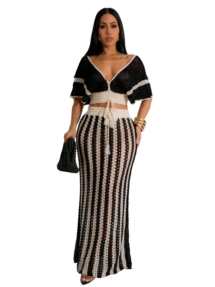 Wmstar Women Two Piece Set Sexy Elegant Knitted Crochet Beach Stripe Crop Tops Long Skirts Matching Set Holiday Birthday Outfits