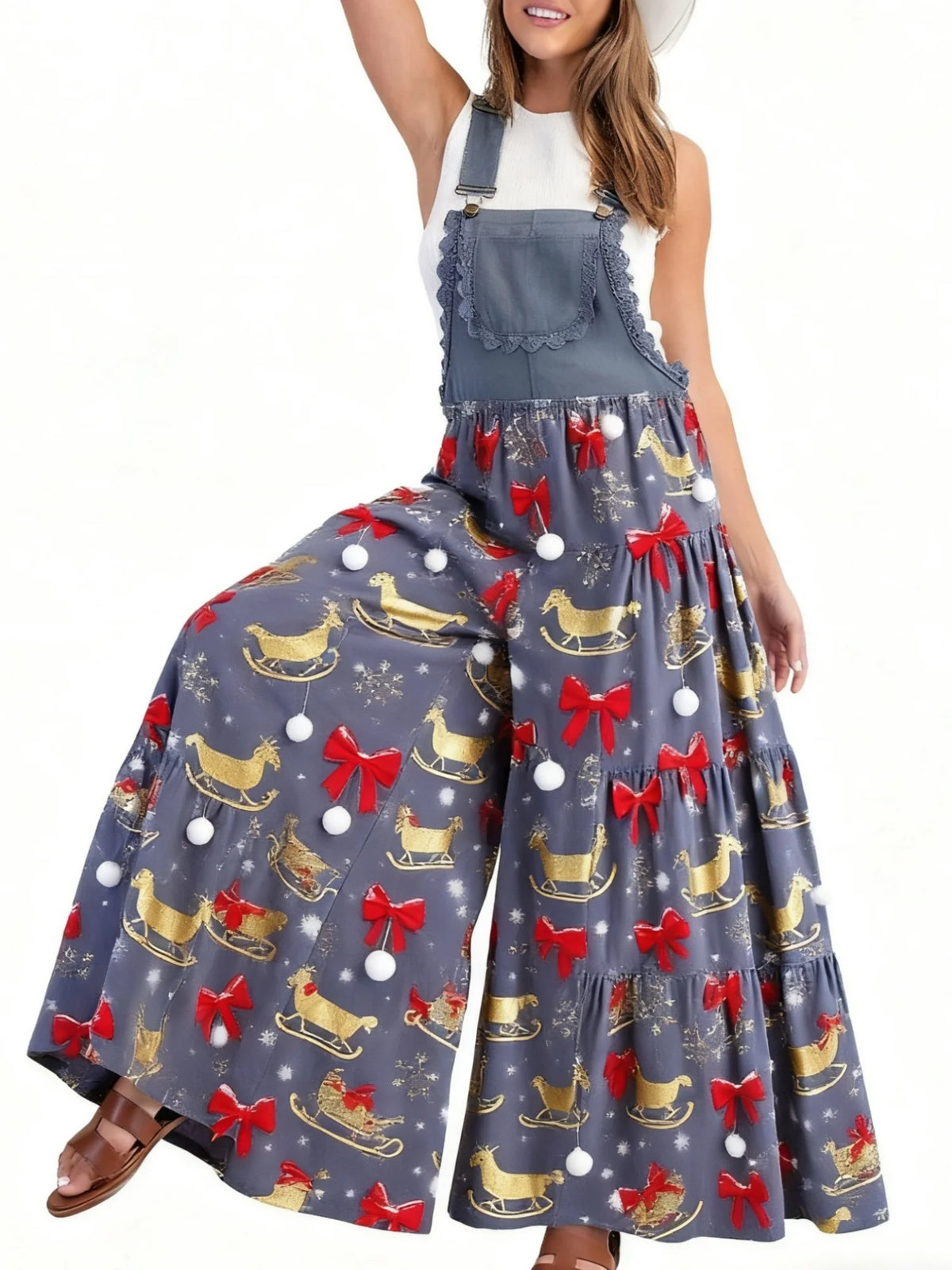 Christmas Print Wide Leg Lace Patchwork Jumpsuit for Women