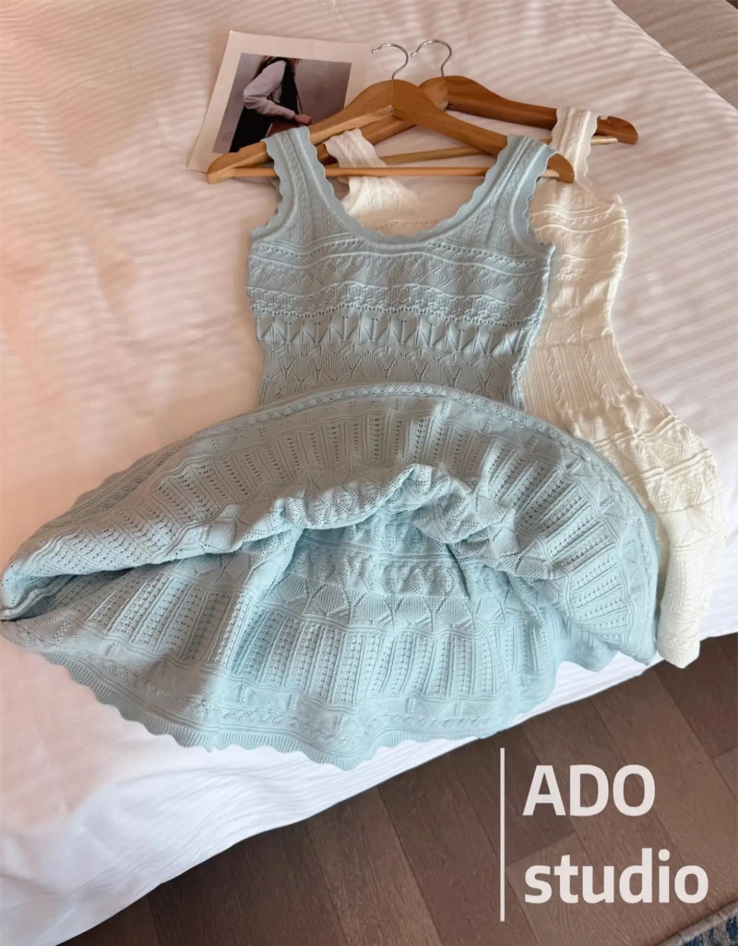 White Sweet A-line Ruffle Edge Knitted Vest Dress Women's Summer French Fashion Slim Temperament Sexy Girl Hollow Short Dress