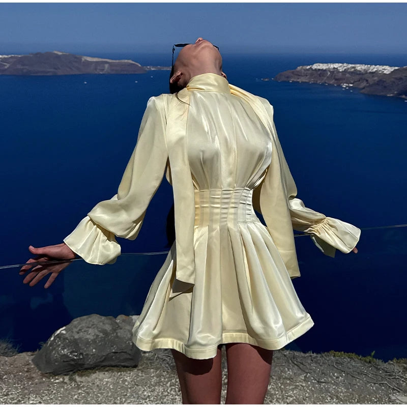 Pale Yellow Satin Puff Sleeve Ruched Waist Dress For Women