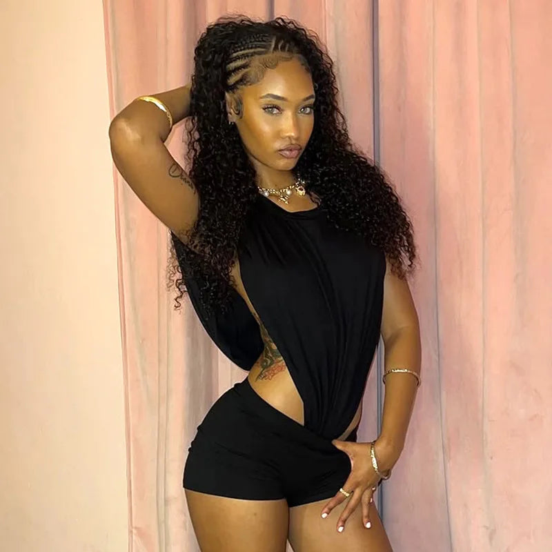 Joskaa 2025 Women's Black Two Piece Set Sexy Crew Neck Sleeveless Side Cutout Bodysuits and Bodycon Shorts Suits Y2K Streetwear