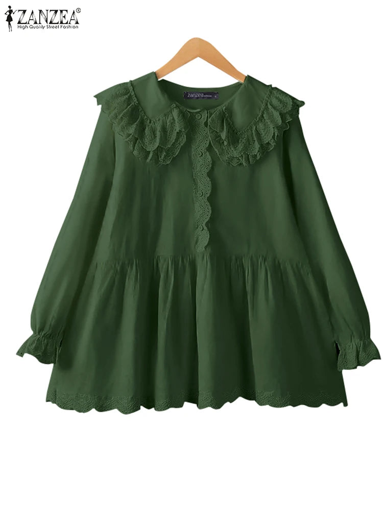 ZANZEA Women Shirts Sweety Doll Collar Tunics Leisure Long Flare Sleeve Button Tops Holiday Lace Crochet Patchwork Solid Blouse