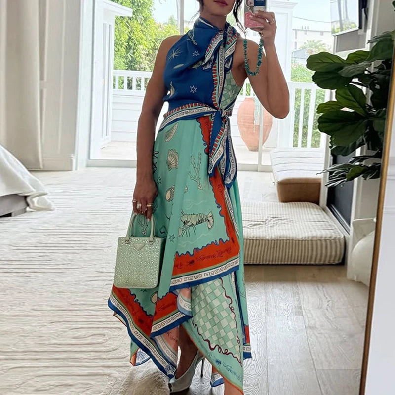 Casual Loose Satin Irregular Dress Ladies O-neck Sleeveless Printed Long Dress Sexy Hollow Out High Waist Pleated Evening Dress