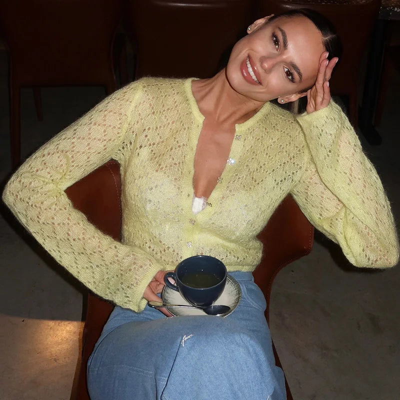Sexy O-collar Single Breasted Hollow Cardigan Women Casual Solid Color Short Sweater Spring Autumn Thin Long Sleeve Knitted Coat