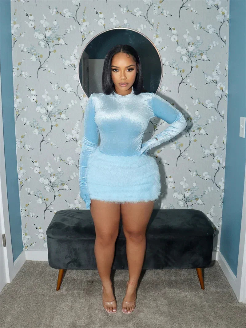 Velvet Long Sleeve Solid Gloves Sexy Bodysuit Furry Skirt 2 Piece Sets Fall Winter Women Elegant Outfit Party Birthday