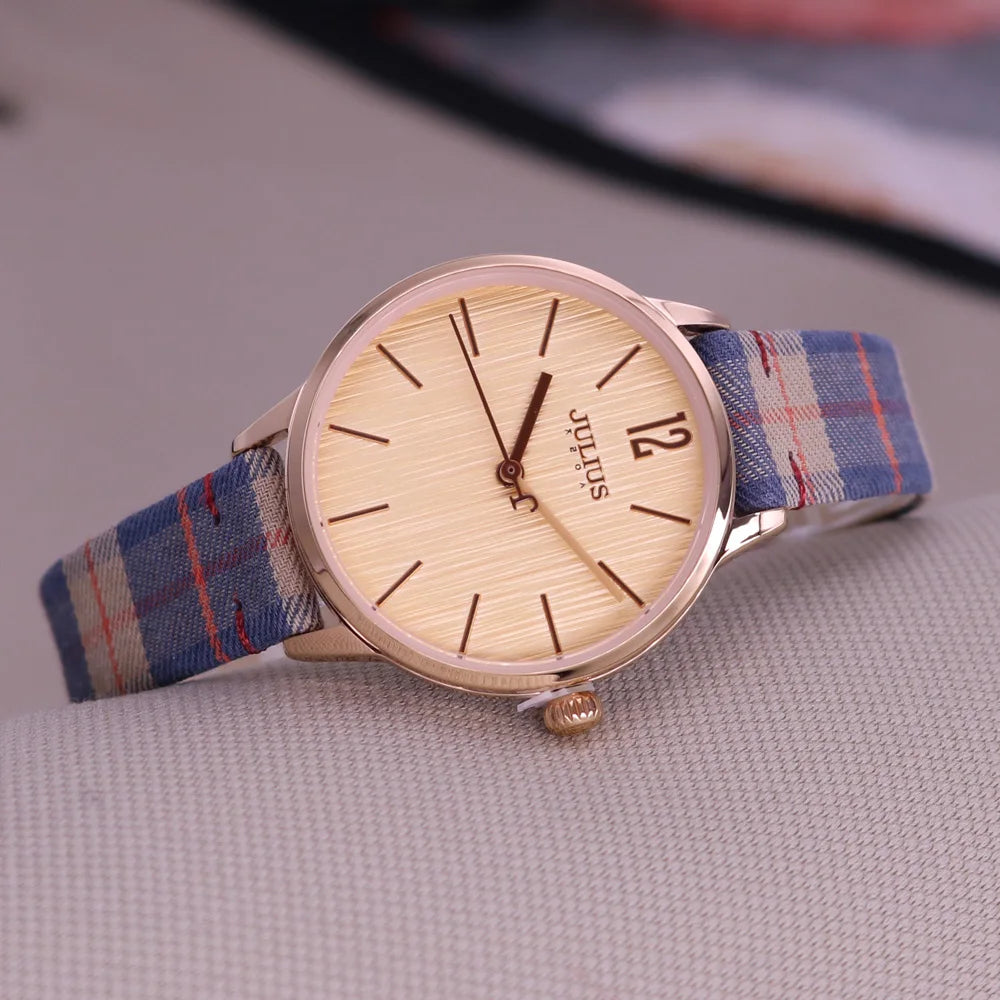 New Julius Women's Watch Fine Fashion British Plaid Style Hours Dress Bracelet Real Leather Clock Girl Birthday Gift Box
