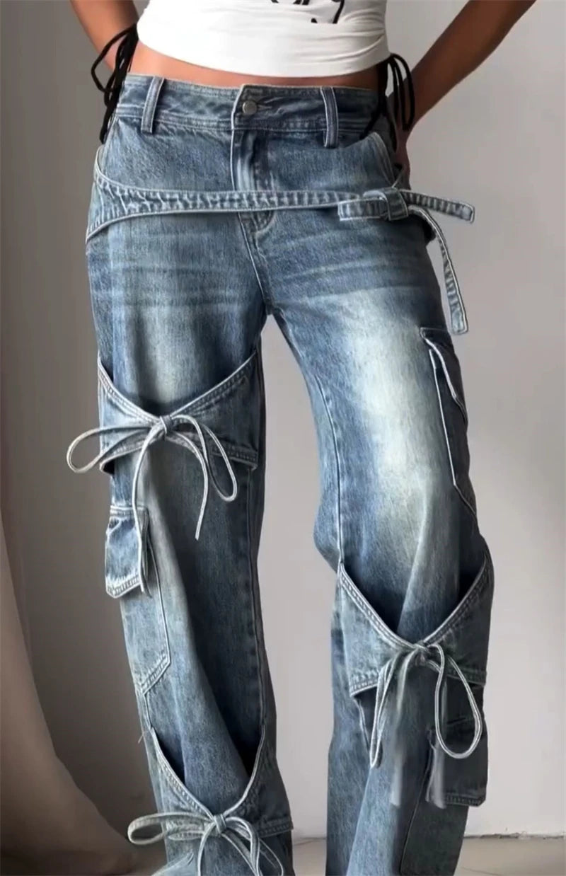 Women's Blue Baggy Y2k Cargo Jeans Harajuku Oversize Denim Trousers Japanese 2000s Style Jean Pants Trashy Vintage Clothes 2025
