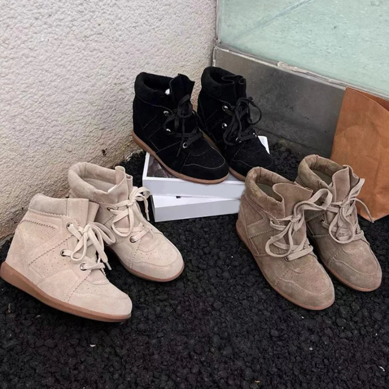 Brand Frosted Splicing Sneakers Women Fashion Versatile Casual High-top Shoes Inner Height Increase Textured Design Casual Shoes