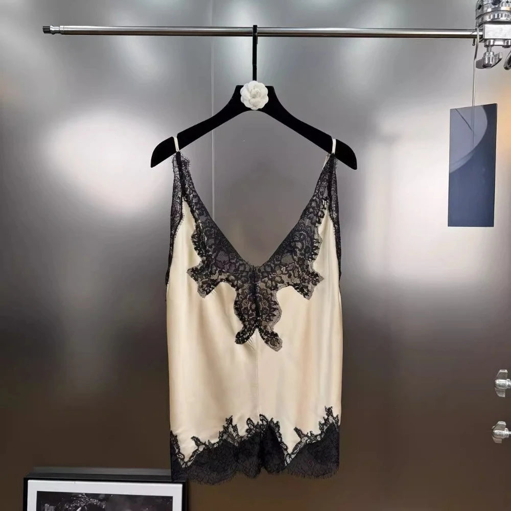 VGH Sexy Loose Patchowrk Lace Vest for Women V Neck Sleeveless Backless Temperament Home Style Tank Top Female Summer Clothing