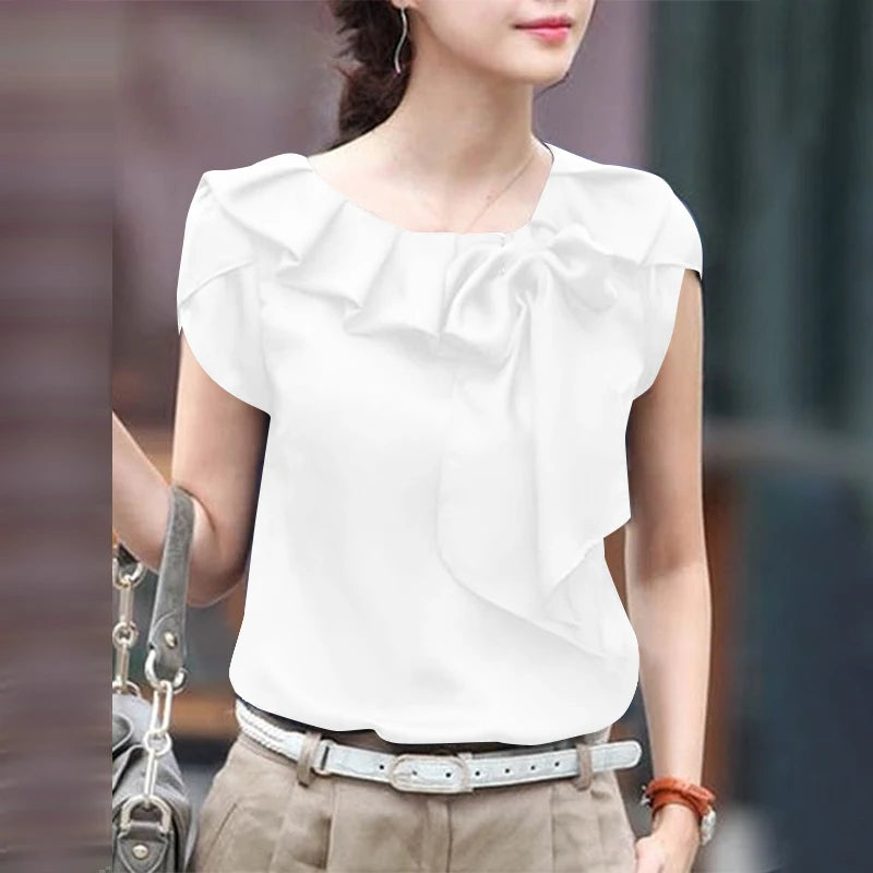 ZANZEA Women Short Sleeve Blouse Elegant Round Neck Tunics Office Lady Bowknot Stitching Shirt Casual Loose Solid Twisted Tops