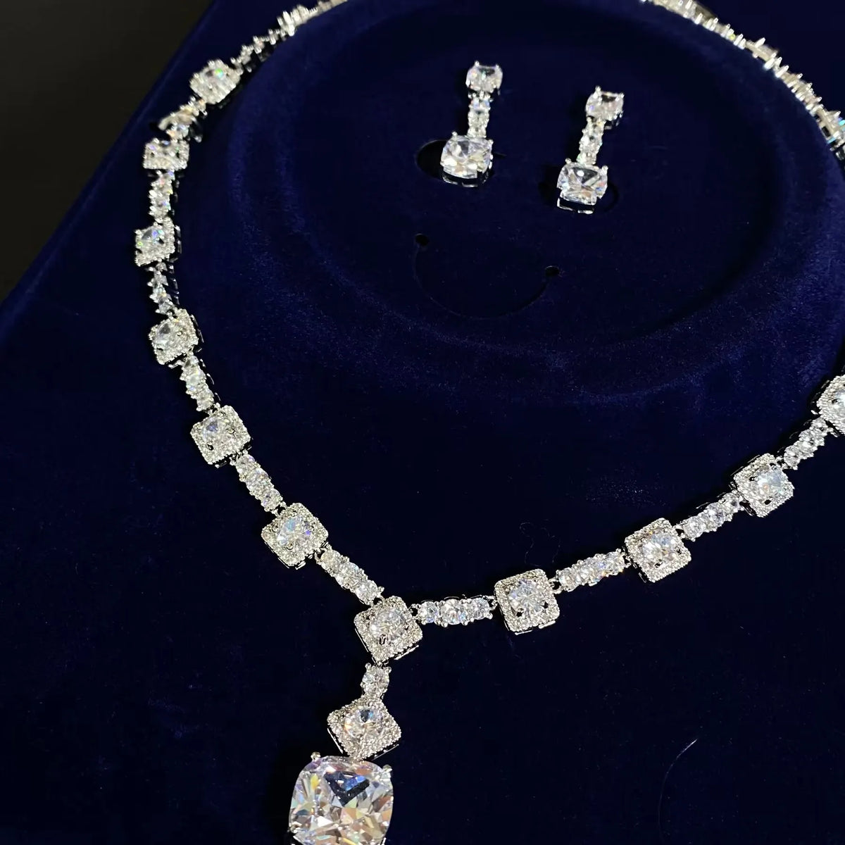 Square Rhinestone Bright Yellow Green Drop Earring Necklace Set For Women
