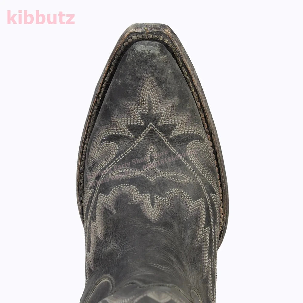 Rivet Cowboy Vintage Boots Over The Knee High Embroidery Lace-Up Luxury Leather Pointed Toe Chunky Heels Fashion Concise Shoes