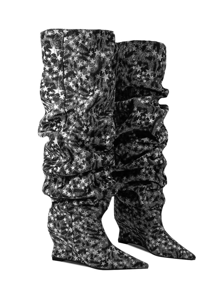 Pointed Toe Denim Over-The-Knee With Wedge Boots for Women