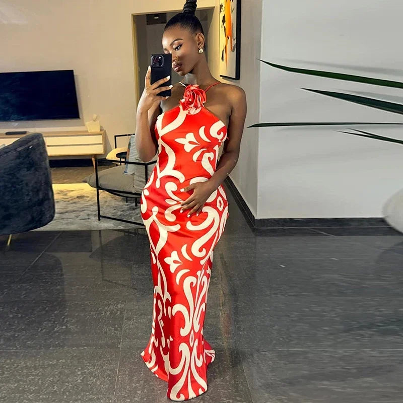Fashionable European Style Printed Sexy Sleeveless Halter Neck Floral Decorated Hip Dress Trendy Women's Ready-Made Dress