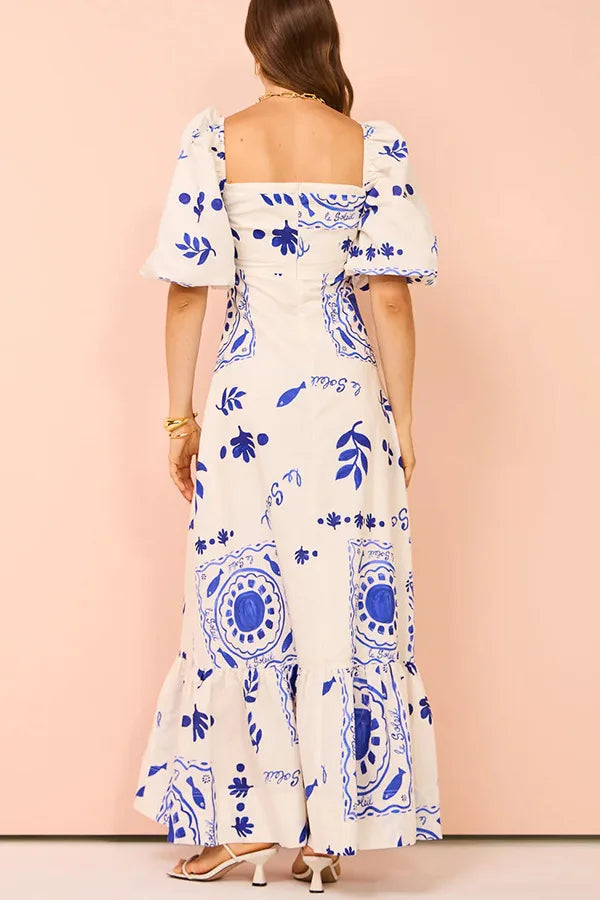 Summer Dress Elegant Women Flower Printed Maxi Dress High Waisted Short Sleeve Square Collar 2025 Summer Fashion Holiday Dresses