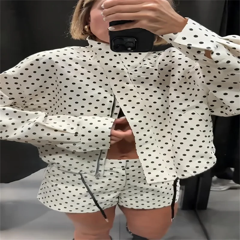 Loose Polka Dot Zipper Women's Shorts Set Stand Collar Patchwork Full Sleeve Pockets Jacket Tie Up Short Pant Suit Summer Outfit